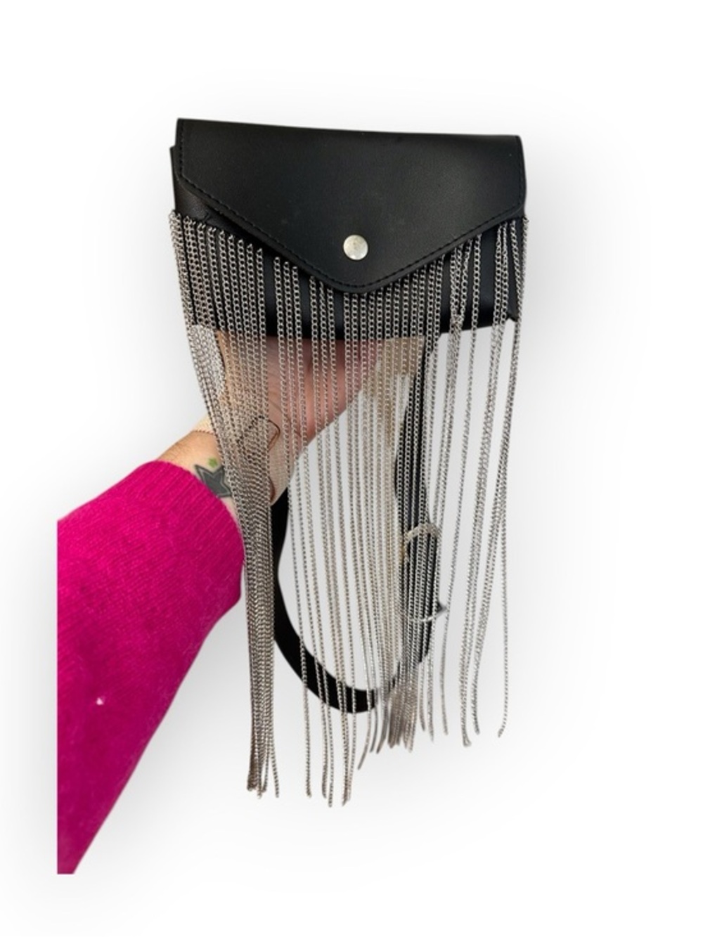 Women’s Black Leather Chain Fringe Belt Bag S - 2XL 25-36 inch waist